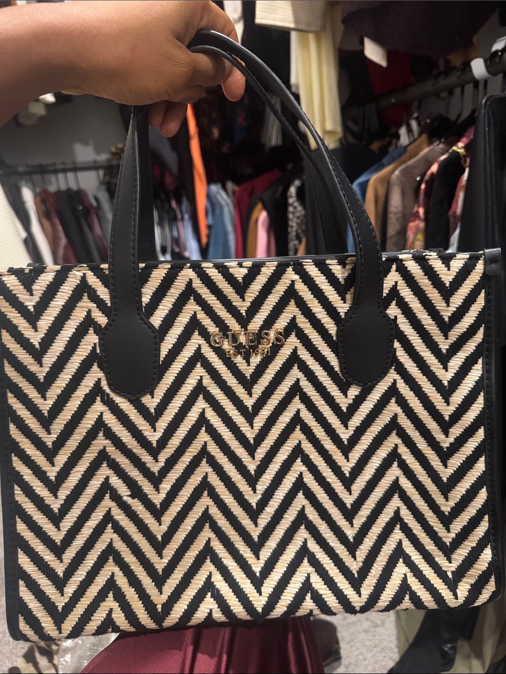 GUESS Black & Natural Chevron Tote